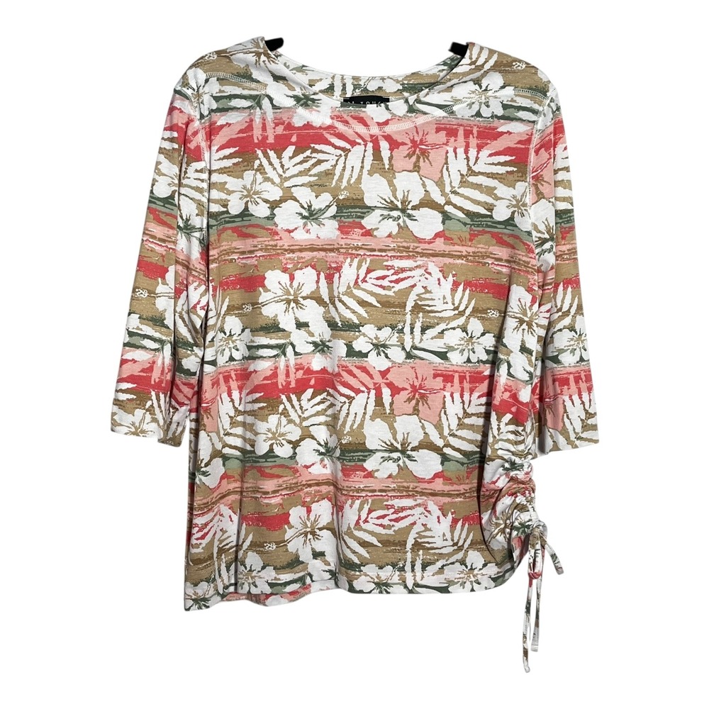 N Touch Womens Tropical Floral 3/4 Sleeve Side Cinch Top Coral Green‎ Size Large